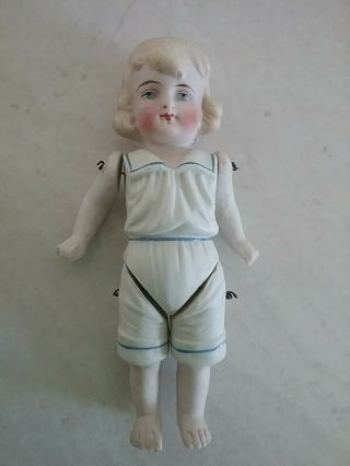 5 1/2 " Antique Jointed All Bisque Doll,  Marked Germany 4,  Molded Hair & Clothes
