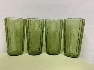 Set Of 4 Vintage Green Tree Bark 12oz.  Cup Glass Tumblers Pressed Glass Retro
