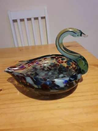 Vintage Murano Glass Blue Clear End Of Day Swan Dish Retro Hand Made