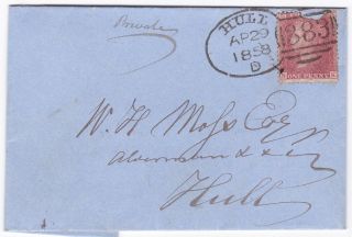 1858 Hull Spoon Postmark Wrapper Stamp Before Being Posted To W Moss