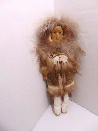 Vintage Handmade Alaskan Beaded Inuit Eskimo Doll Wood Face