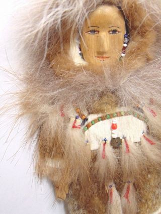 Vintage Handmade Alaskan Beaded Inuit Eskimo Doll Wood Face 2