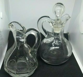 Vintage Set Of 2 Clear Oil And Vinegar Bottles With Handles & Stopper