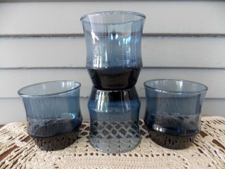 Set Of 4 Vintage Libbey Low Ball Blue Glass Tumblers