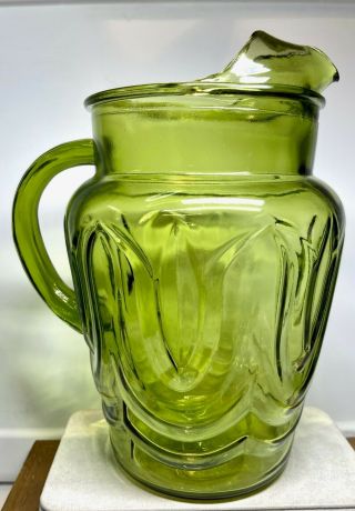 Vintage Anchor Hocking Colonial Tulip Pattern Avocado Green 9 " Tall Pitcher