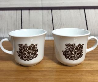 Vintage Corelle Corning Batik Brown Flower Mugs Retro 8 Oz Tea Cups Set Of 2 Euc