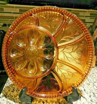 Vintage Indiana Glass,  Amber Tree Of Life Deviled Egg Plate,  Relish Tray