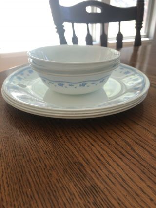 3 Corelle Morning Blue Cereal Bowls And 4 Dinner Plates
