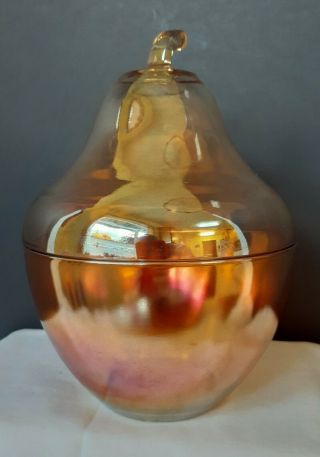 Vintage Iridescent Glass Pear Shape Candy Dish W/ Lid - Marigold Orange 7 " Tall