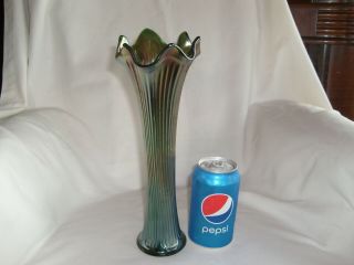 Carnival Glass Large 11 1/2 " Green Fine Rib Vase