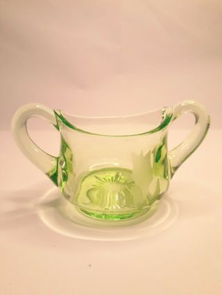 Vintage Green Vaseline Uranium Glass Open Mini Sugar Bowl Etched Glass 21/2 " T.