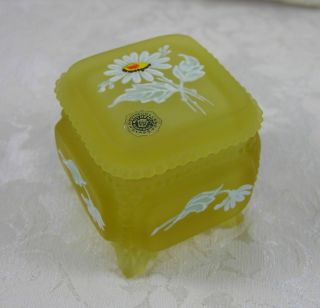 Westmoreland Glass Beaded Edge Yellow Mist Victorian Trinket Box W Daisy Decals