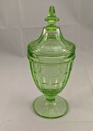 Green Depression Era Colonial Block Candy Dish With Lid