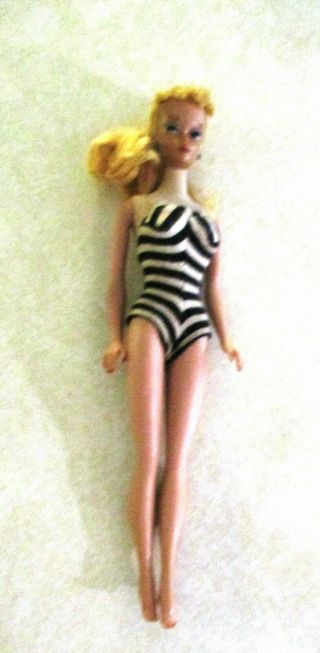 Mattel 1960 (?) Barbie Doll Blonde Ponytail Black White Striped Swimsuit