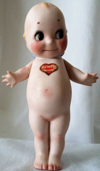 Rose O’neill 6.  5” Antique 1913 All - Bisque 6&1/2” Kewpie Doll W/red Heart Label