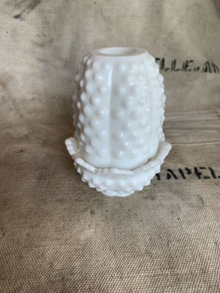 Fenton White Milk Glass Hobnail Fairy Light/lamp - 2 Piece Candle Holder
