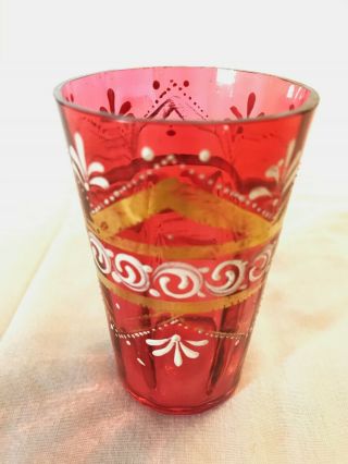 Antique Bohemian Enamel Decorated Cranberry Glass Small Wine Or Cordial Glass