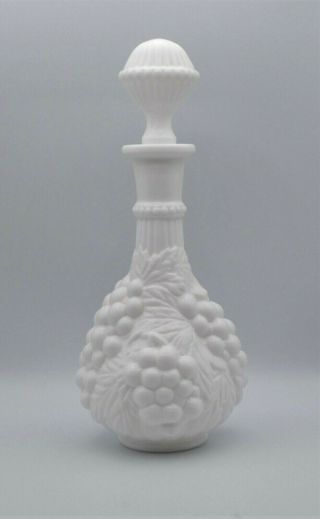 Vintage Imperial Glass Grape Pattern Satin Milk Glass Decanter With Stopper
