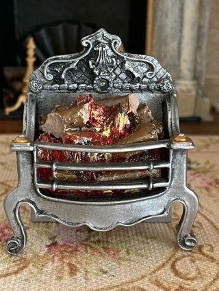 Vintage Miniature Dollhouse Heavy Signed Metal Fireplace Insert Wired Lit Rare