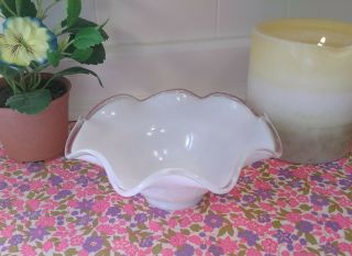 Vintage Fenton Silver Crest Ruffled Milk Glass Bowl With Clear Edge