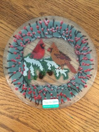 Peggy Karr Signed Fused Glass Plate With Cardinals 7 1/2” 3