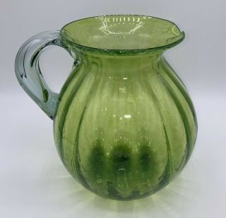 Pier1 Large Hand Blown Green Ribbed Art Glass Ribbed Pitcher Clear Handle 14 Cup
