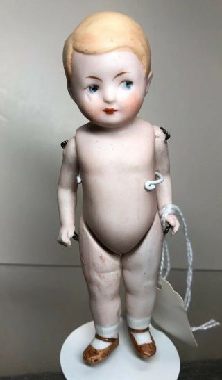 4” Antique German All Bisque 2 Googlie Boy Unbranded Jointed Limbs Blonde Sf5