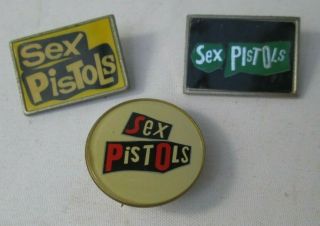 Sex Pistols 3 X Vintage Early 1980s Badges Brooch Pins Buttons Punk Wave