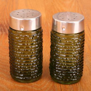2 Anchor Hocking Soreno Green Glass Salt & Pepper Shakers