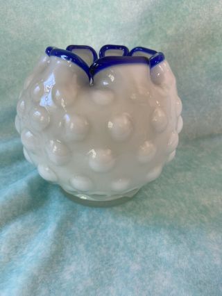 Fenton Art Glass Rose Bowl—milk Glass Hobnail W/cobalt Blue Ruffled Rim
