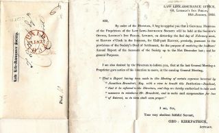1833 Law Life Assurance Printed Letter Re London Meeting George Kilpatrick
