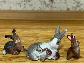 Vintage Miniature Dollhouse Sculpted Hand Painted Artisan Rabbits Animals Pets