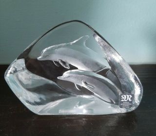 Lead Glass Crystal Signed Mats Jonasson Swedish Art Glass Dolphin Paperweight