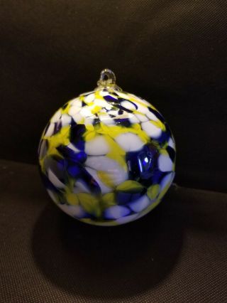 Friendship Ball Hand Blown Art Glass Ornament Witch Ball Blue Yellow White Maze