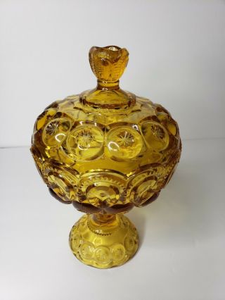 L.  E.  Smith Moon And Star Amber Glass Lidded Candy/compote 8 1/2 " Tall Vintage