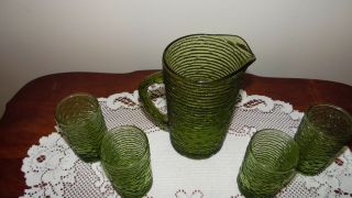 Mid Century Vintage Green Glass Pitcher Juice w/ Glasses Anchor Hocking Soreno 6 3