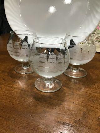 3 Toscany Brandy / Cognac Crystal Snifter Glasses Etched Nautical Clipper Ship