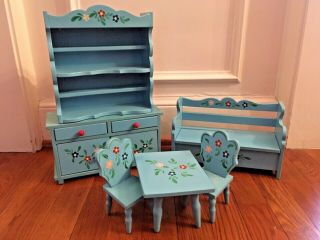 Vintage Romanian Doll Furniture Hand Painted Blue Hutch Bench Table Chairs