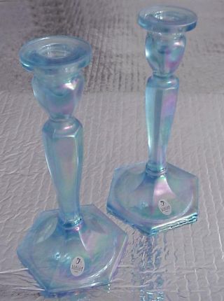 Fenton Art Blue Carnival Glass Candle Holders Sticks Labels