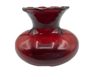 Small Ruby Red Glass Flower Vase With Scalloped Rim.  3 Inch.  Blood Red.