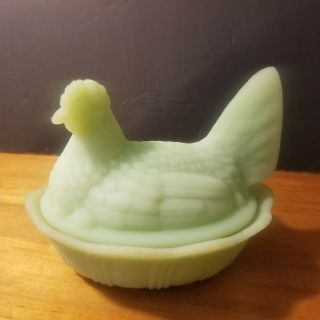 Fenton Art Glass Green Satin Split Tail Covered Hen On Nest