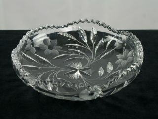 Floral & Leaves Cut Glass 8 " Low Bowl,  Antique Abp Mirror Cut American Brilliant
