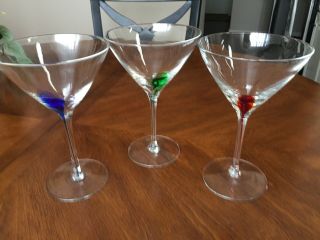 Set Of 3 Clear Martini Glasses Red Blue Green Teardrop Stems 7 1/8 "