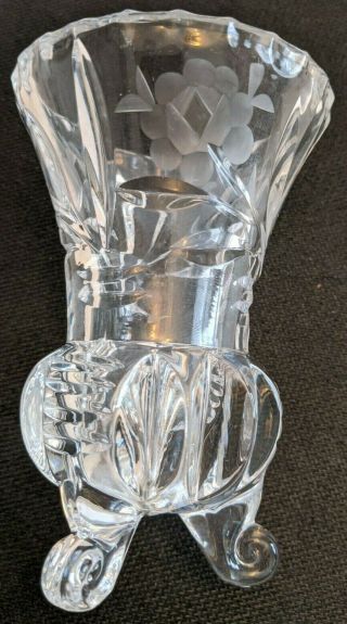 4 - 1/2 " Tall Three Footed Cut Lead Crystal Bud Vase With Etched Roses