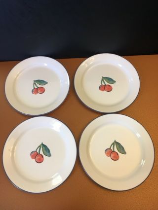 A Set Of 4 Corelle By Corning 9 " Plates With Cherries Design & Blue Border