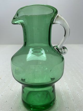 Vintage Blenko Style Mini Pitcher Vase Green Blown Glass Hand Crafted 5” T