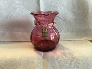 Pilgrim Cranberry Glass Handmade Blown Vase With Clear Ruffle Collar Usa Sticker