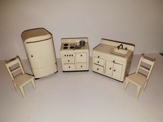Antique Dollhouse Wooden Kitchen Set Fridge Sink Range Stove 2 Chairs 1940 