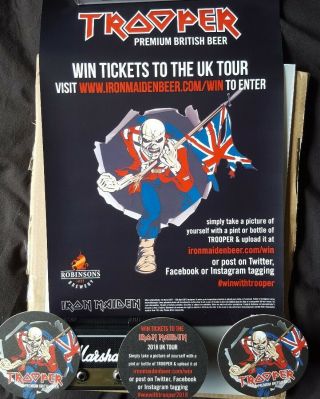 Iron Maiden Trooper Beer Poster Uk Tour And Beer Mats.  Rare Set Bundle