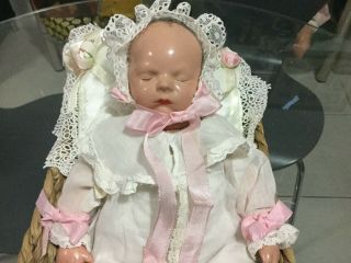 Vintage Effanbee Babyette Composition Head Cloth Body Doll With Basket 31cm Ht